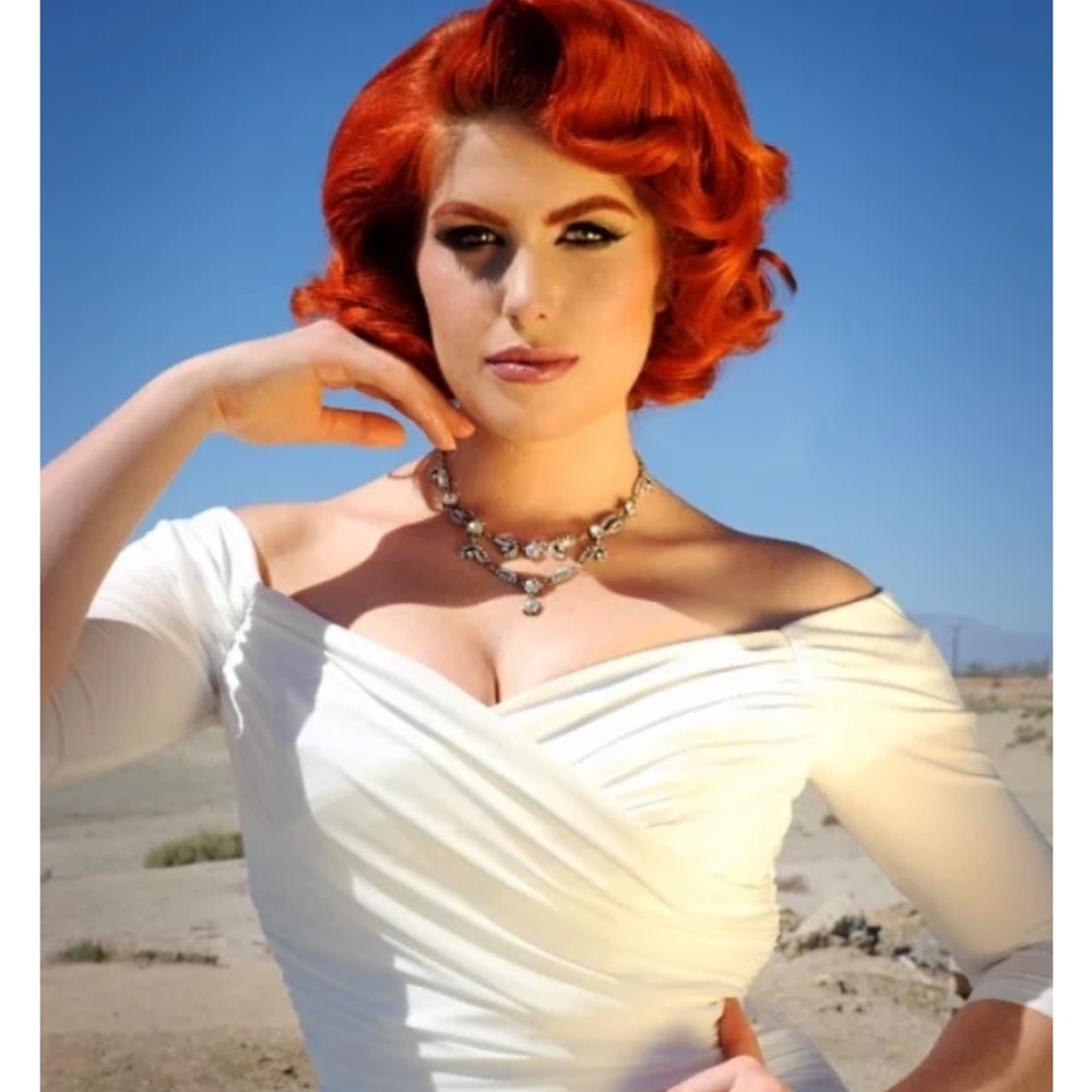 Pinup Couture White Off-Shoulder Ruched Midi Dress - Picture 2 of 8